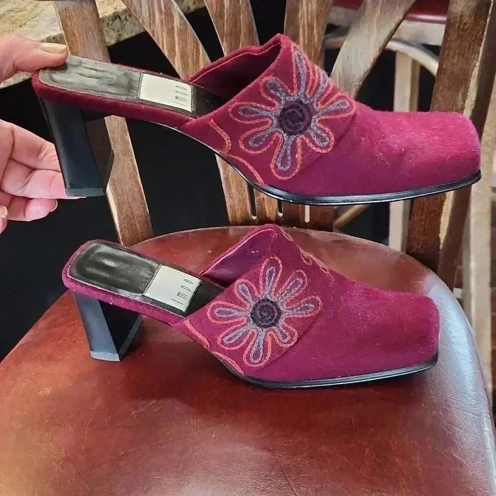 IMPO Embroidered Floral Wool Slides Heels BOHO sz 6.5 - Picture 5 of 12